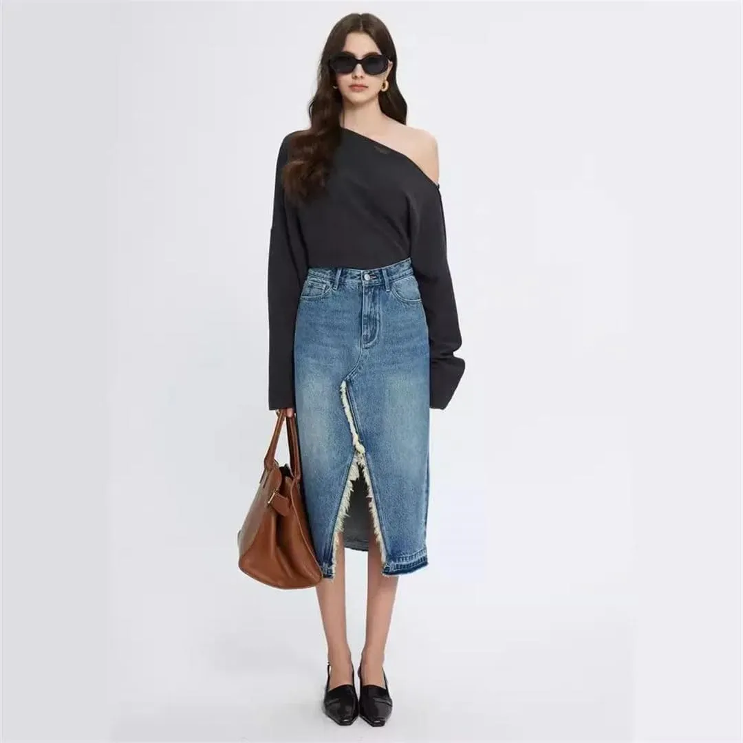 Women High-Waisted A- Line Denim Skirt Vintage Design Sensibility Fringe Side Slit Medium-Length Dress