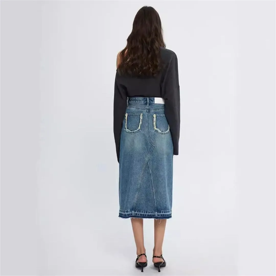 Women High-Waisted A- Line Denim Skirt Vintage Design Sensibility Fringe Side Slit Medium-Length Dress