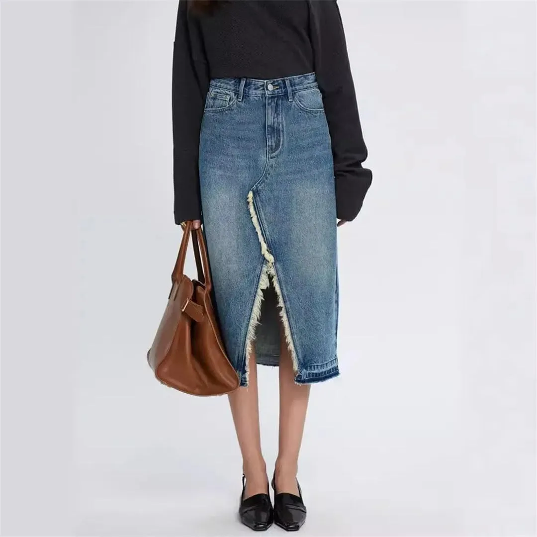 Women High-Waisted A- Line Denim Skirt Vintage Design Sensibility Fringe Side Slit Medium-Length Dress