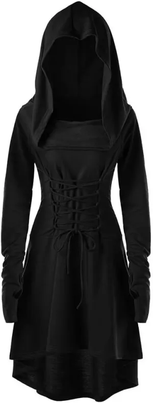 Women Hoodie Dresses High Low Long Sleeve Cloak Dress Plus Size Halloween Costumes Solid Hooded Vintage Cape Coat