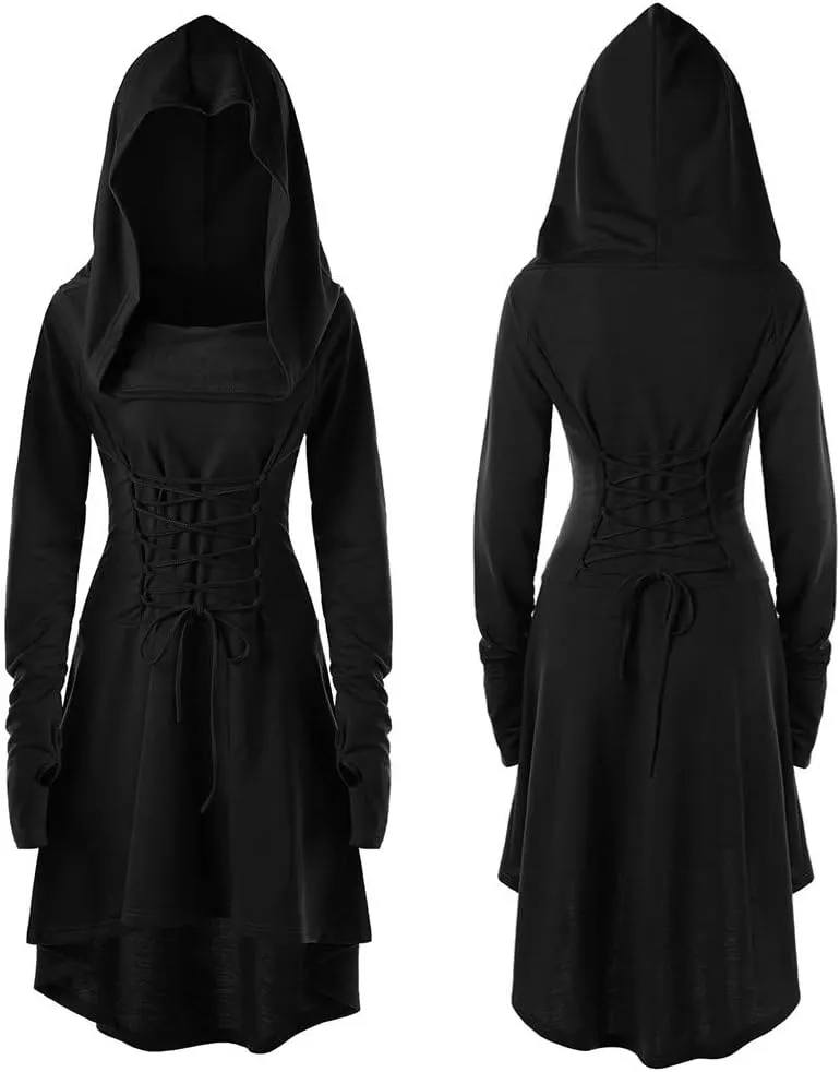 Women Hoodie Dresses High Low Long Sleeve Cloak Dress Plus Size Halloween Costumes Solid Hooded Vintage Cape Coat