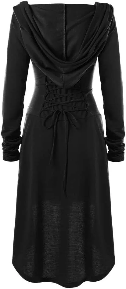 Women Hoodie Dresses High Low Long Sleeve Cloak Dress Plus Size Halloween Costumes Solid Hooded Vintage Cape Coat
