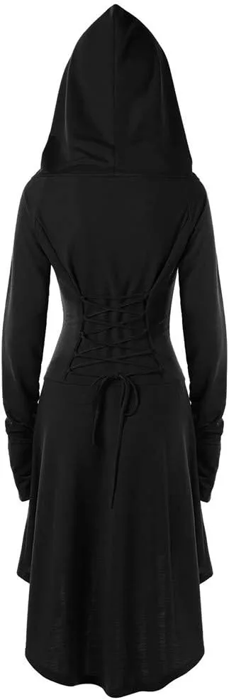 Women Hoodie Dresses High Low Long Sleeve Cloak Dress Plus Size Halloween Costumes Solid Hooded Vintage Cape Coat