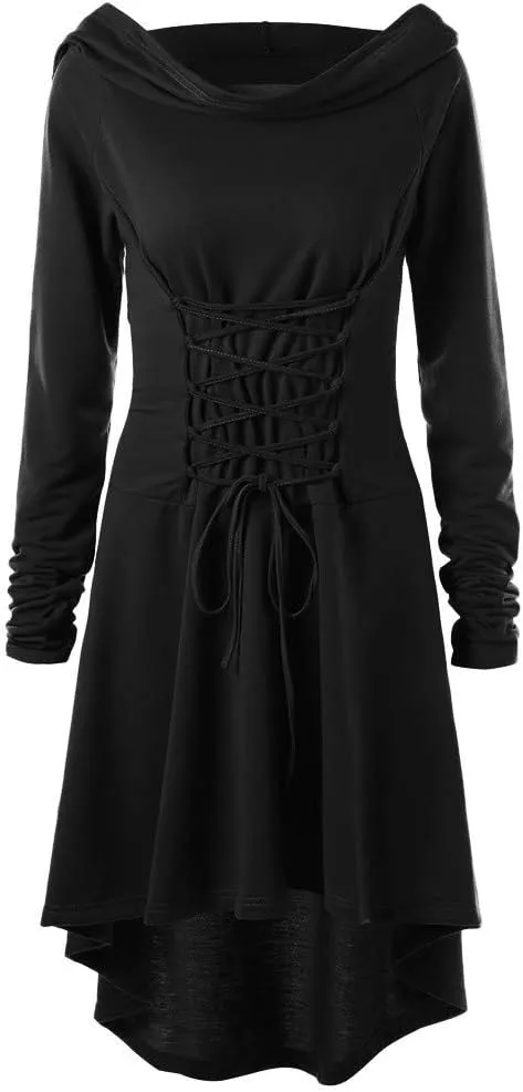 Women Hoodie Dresses High Low Long Sleeve Cloak Dress Plus Size Halloween Costumes Solid Hooded Vintage Cape Coat