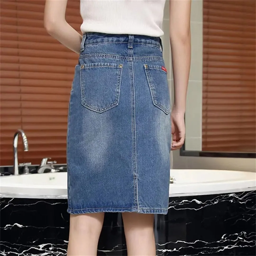 Women Jean Skirt High-Waisted Straight Skirts Slim Elegant Denim Bag Hip Skirts