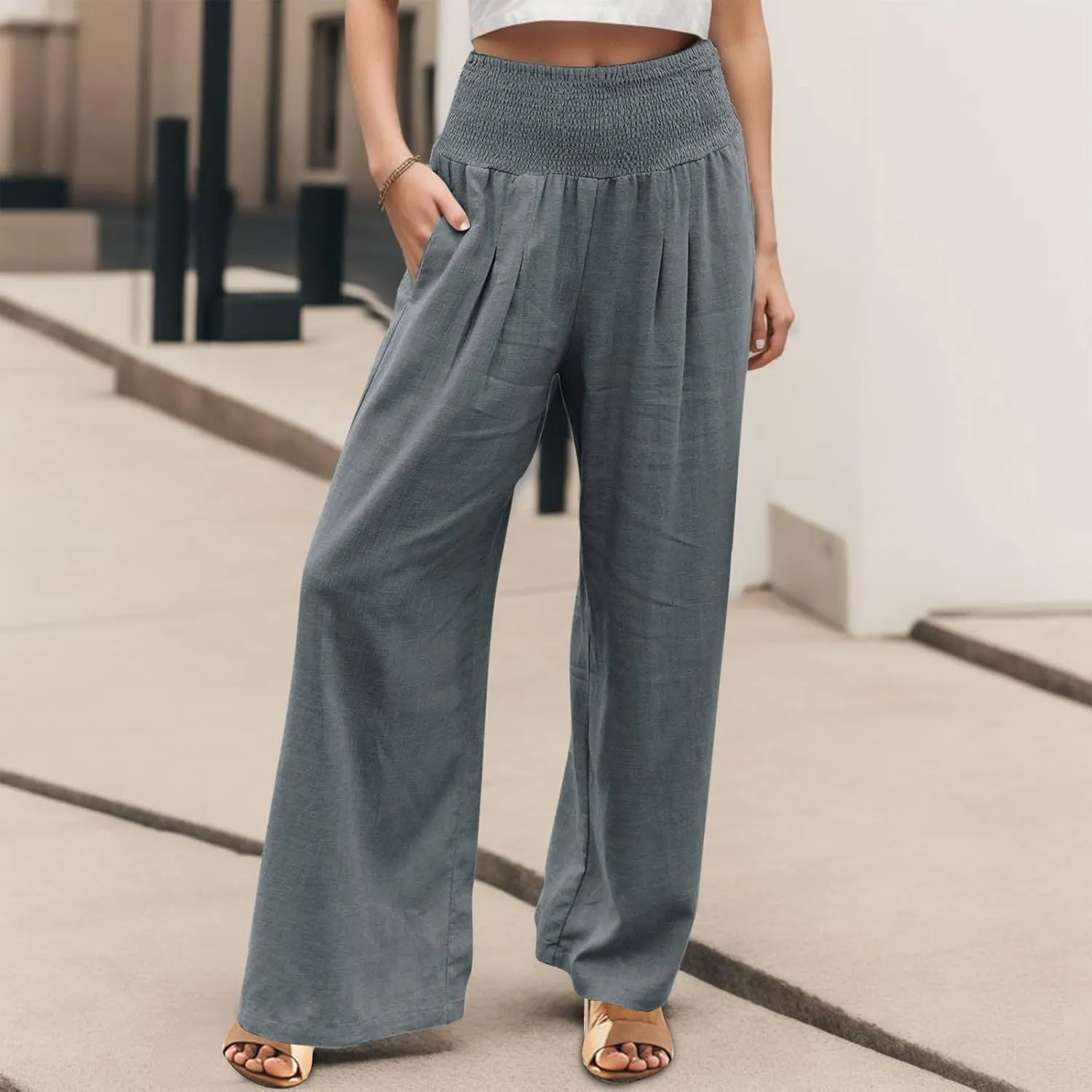 Women Linen Palazzo Pants Casual Summer Wide Leg High Waist Lounge Slacks Beach Flowy Vacation Trousers with Pockets