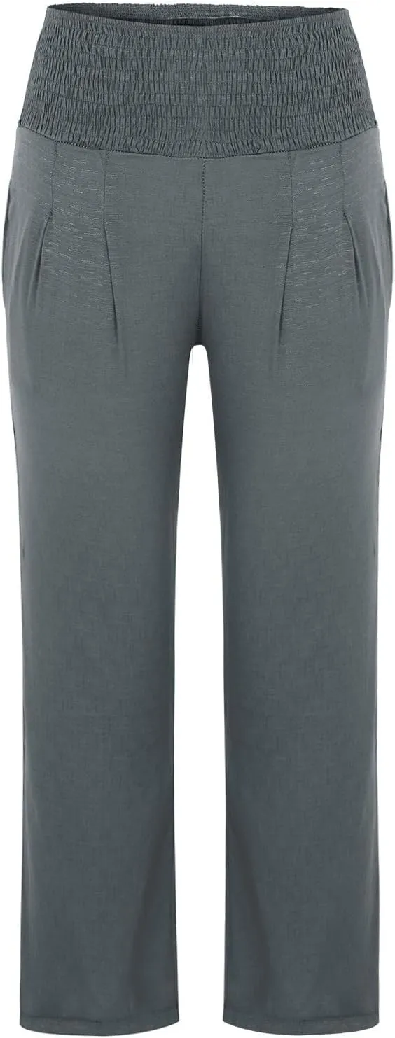 Women Linen Palazzo Pants Casual Summer Wide Leg High Waist Lounge Slacks Beach Flowy Vacation Trousers with Pockets