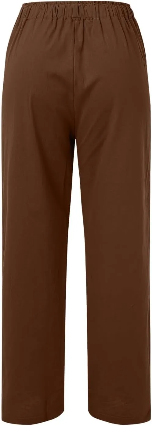 Women Linen Palazzo Pants Summer Beach Flowy Drawstring Slacks Wide Leg Lightweight Pants Comfy Cotton Baggy Trousers