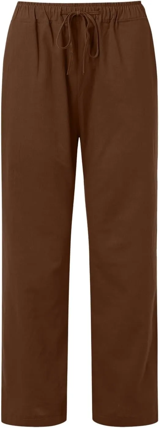 Women Linen Palazzo Pants Summer Beach Flowy Drawstring Slacks Wide Leg Lightweight Pants Comfy Cotton Baggy Trousers