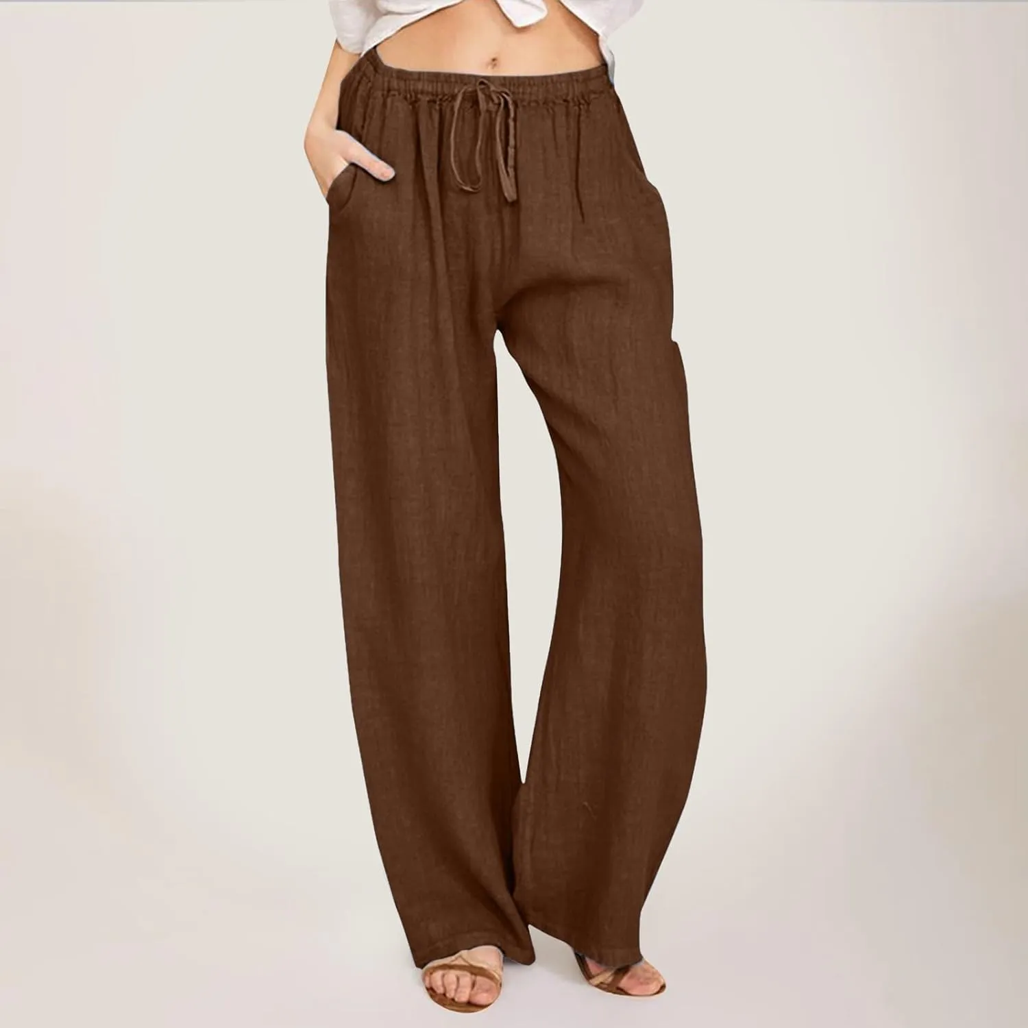 Women Linen Palazzo Pants Summer Beach Flowy Drawstring Slacks Wide Leg Lightweight Pants Comfy Cotton Baggy Trousers