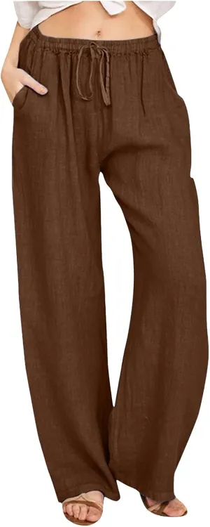 Women Linen Palazzo Pants Summer Beach Flowy Drawstring Slacks Wide Leg Lightweight Pants Comfy Cotton Baggy Trousers