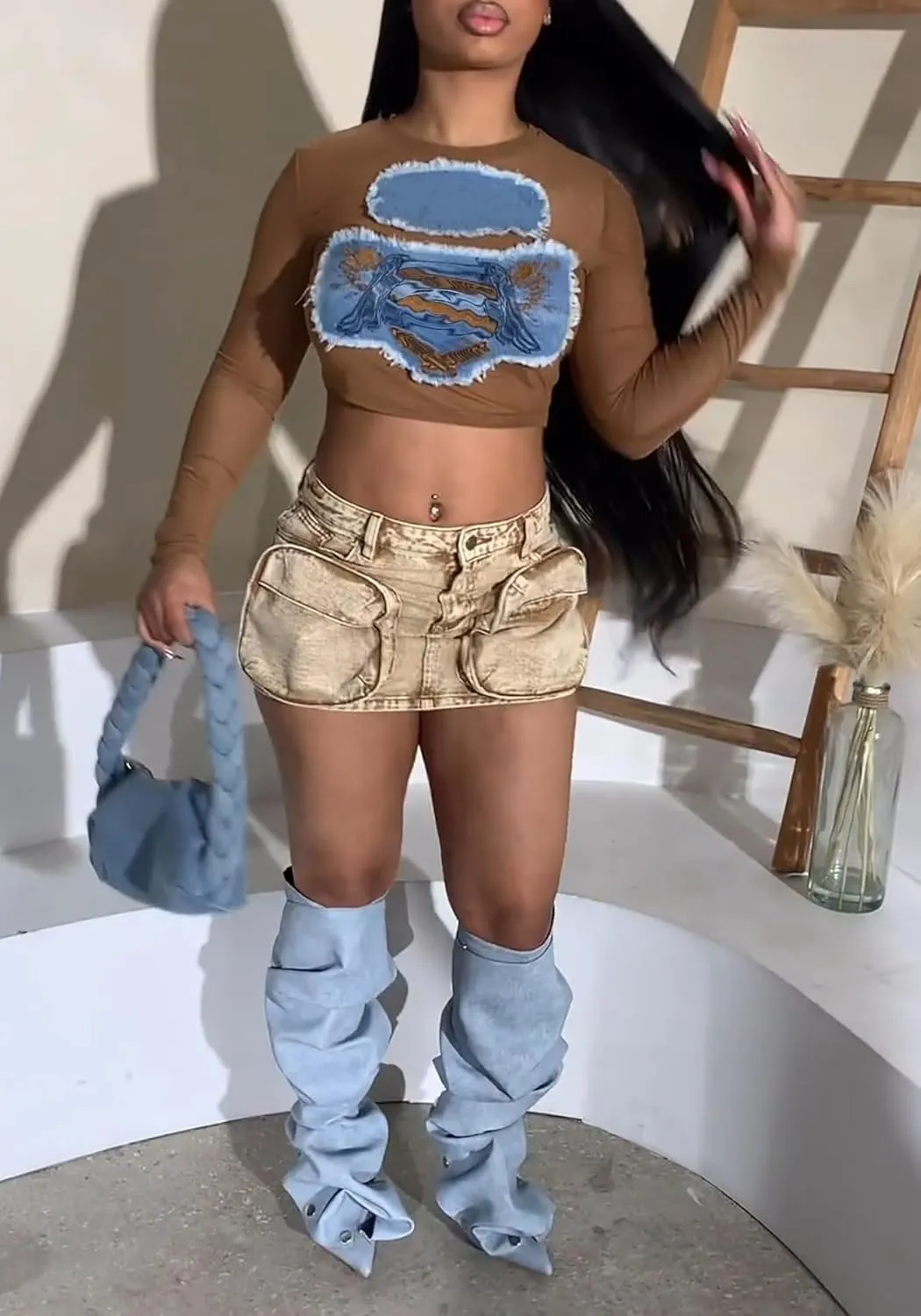 Women Mini Jean Skirt Y2K Cargo Skirt High Waisted Sexy Bodycon Denim Short Skirts Steetwear