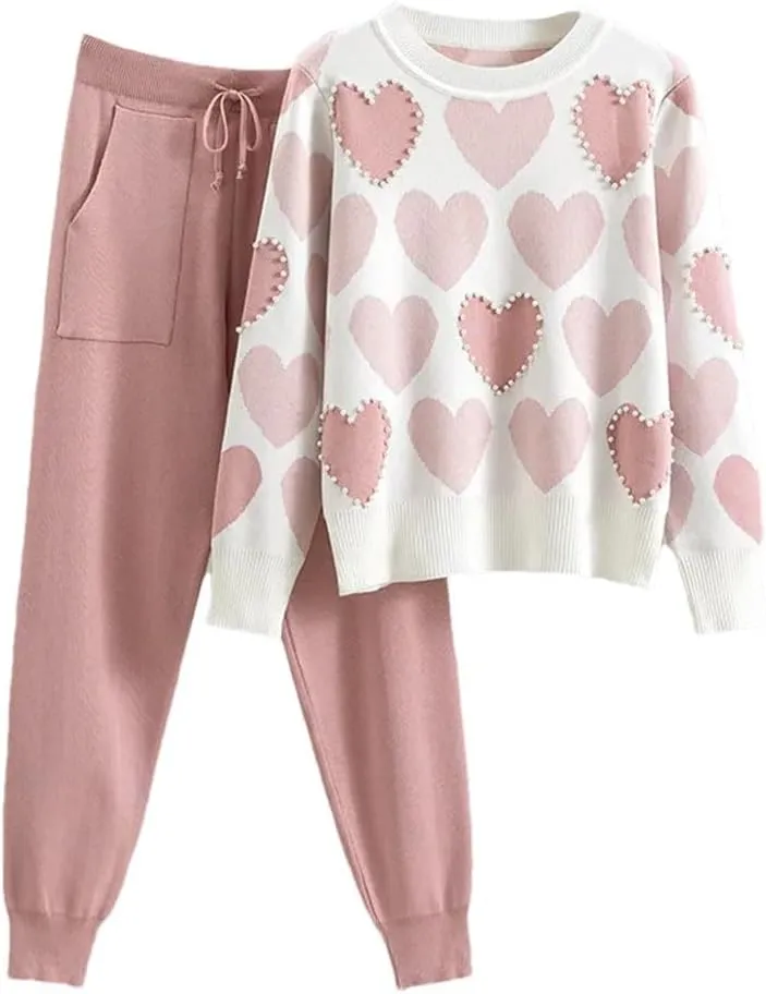 Women Print Knit Tops 2 Piece Sets Women Long Sleeve Beading Pullover Sweater Conjunto High Waist Knitwear Harem Pants Suits