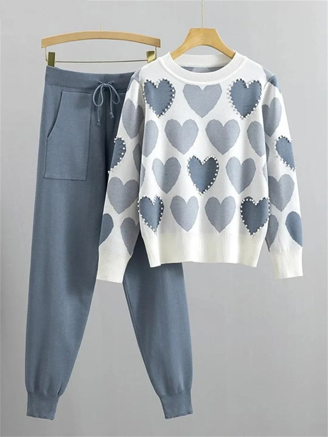 Women Print Knit Tops 2 Piece Sets Women Long Sleeve Beading Pullover Sweater Conjunto High Waist Knitwear Harem Pants Suits