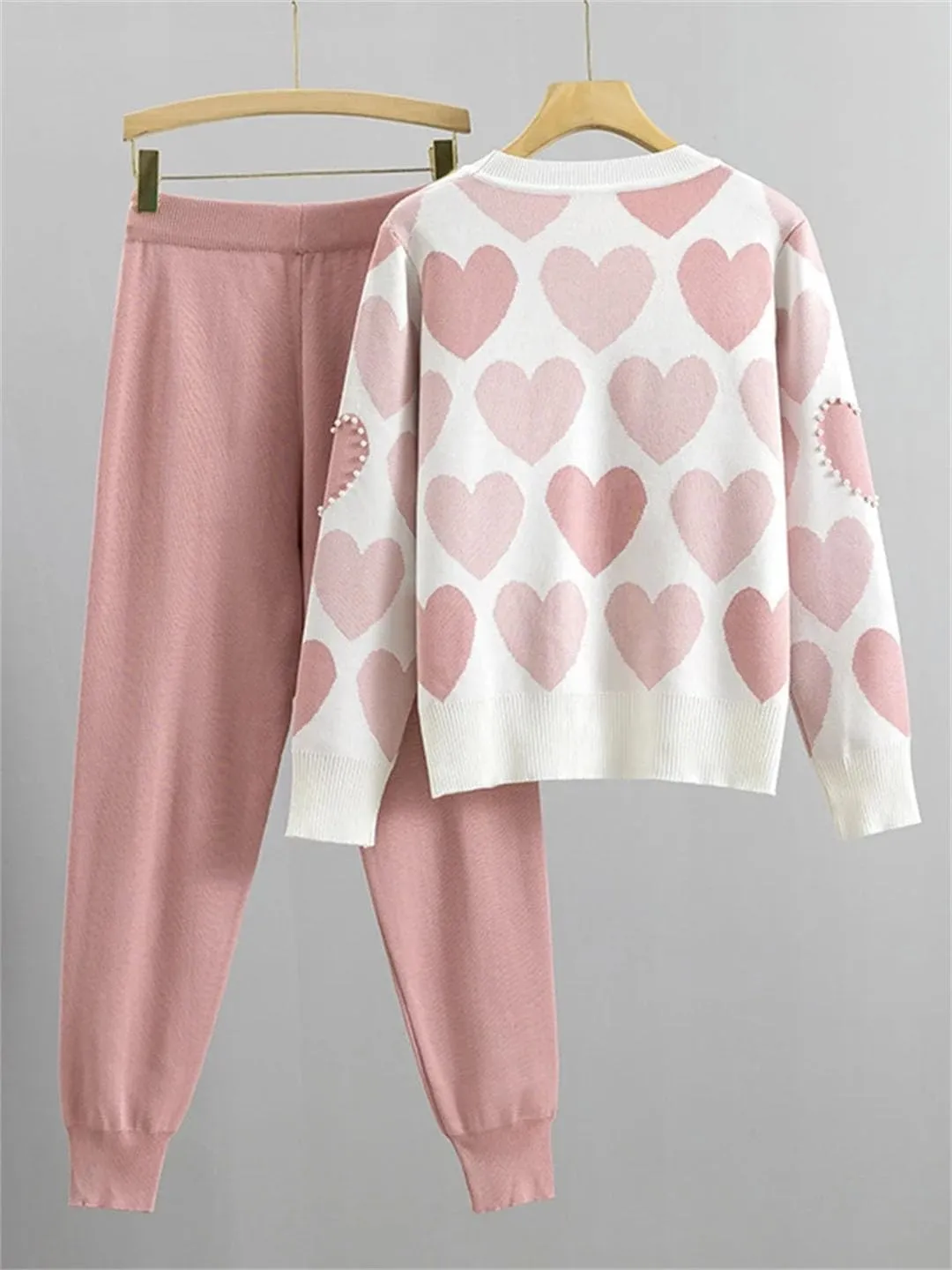 Women Print Knit Tops 2 Piece Sets Women Long Sleeve Beading Pullover Sweater Conjunto High Waist Knitwear Harem Pants Suits