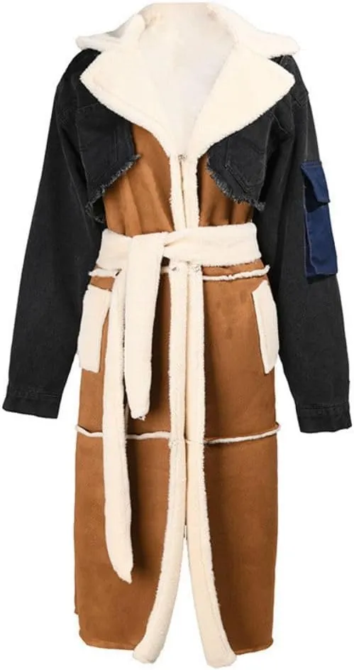 women Sherpa Wool Coat Lamb Winter Denim Fur Jacket Women Long Coat With Patch