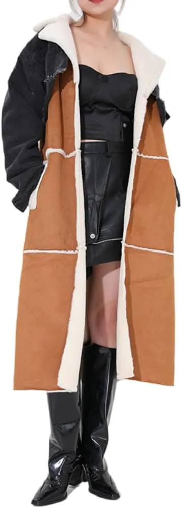 women Sherpa Wool Coat Lamb Winter Denim Fur Jacket Women Long Coat With Patch