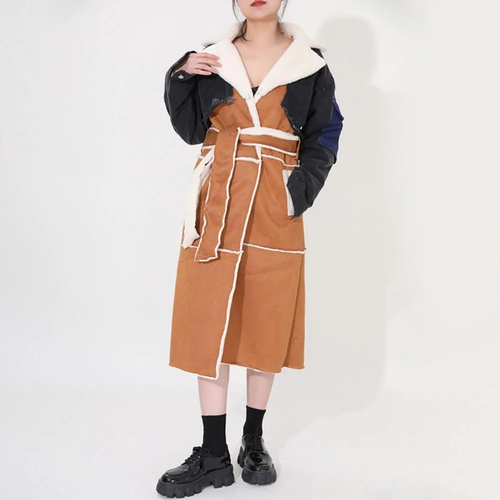 women Sherpa Wool Coat Lamb Winter Denim Fur Jacket Women Long Coat With Patch
