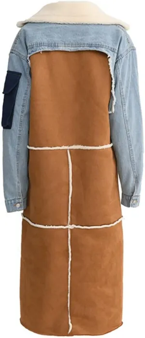 women Sherpa Wool Coat Lamb Winter Denim Fur Jacket Women Long Coat With Patch