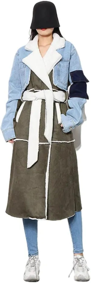 women Sherpa Wool Coat Lamb Winter Denim Fur Jacket Women Long Coat With Patch