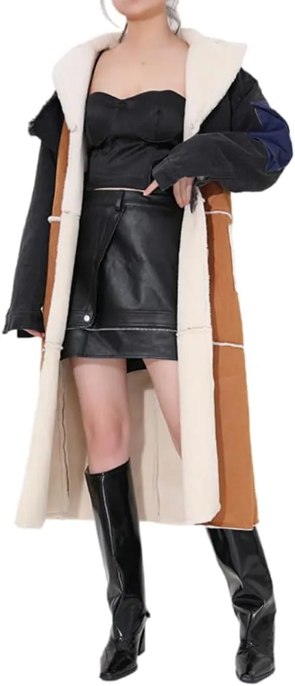 women Sherpa Wool Coat Lamb Winter Denim Fur Jacket Women Long Coat With Patch