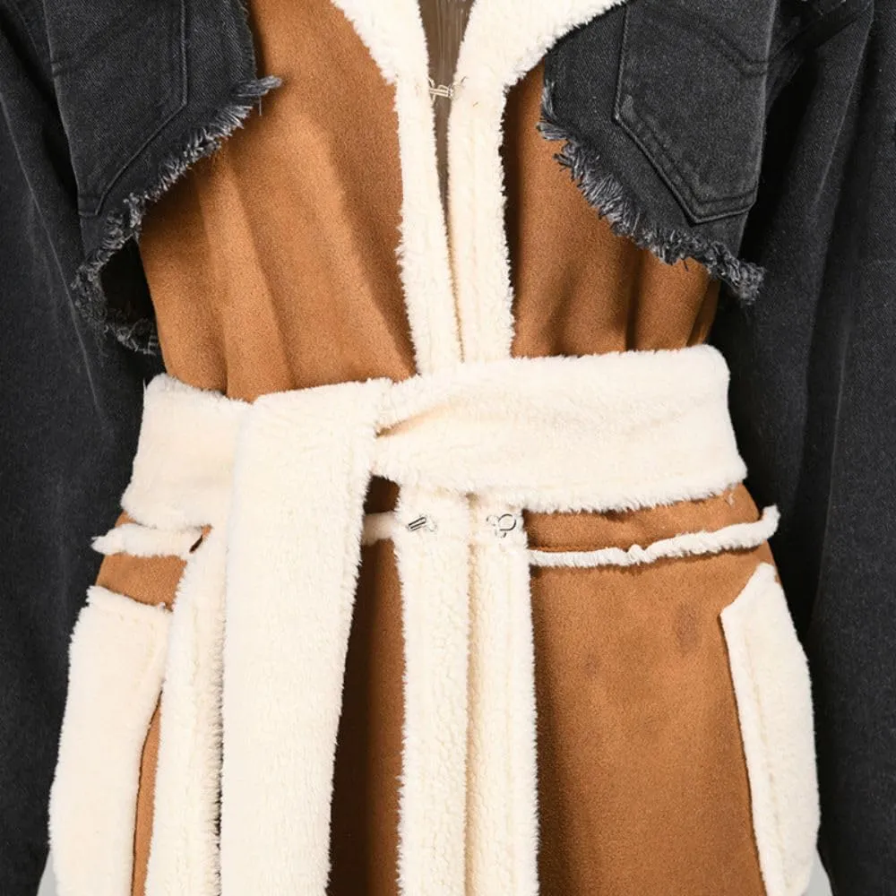 women Sherpa Wool Coat Lamb Winter Denim Fur Jacket Women Long Coat With Patch