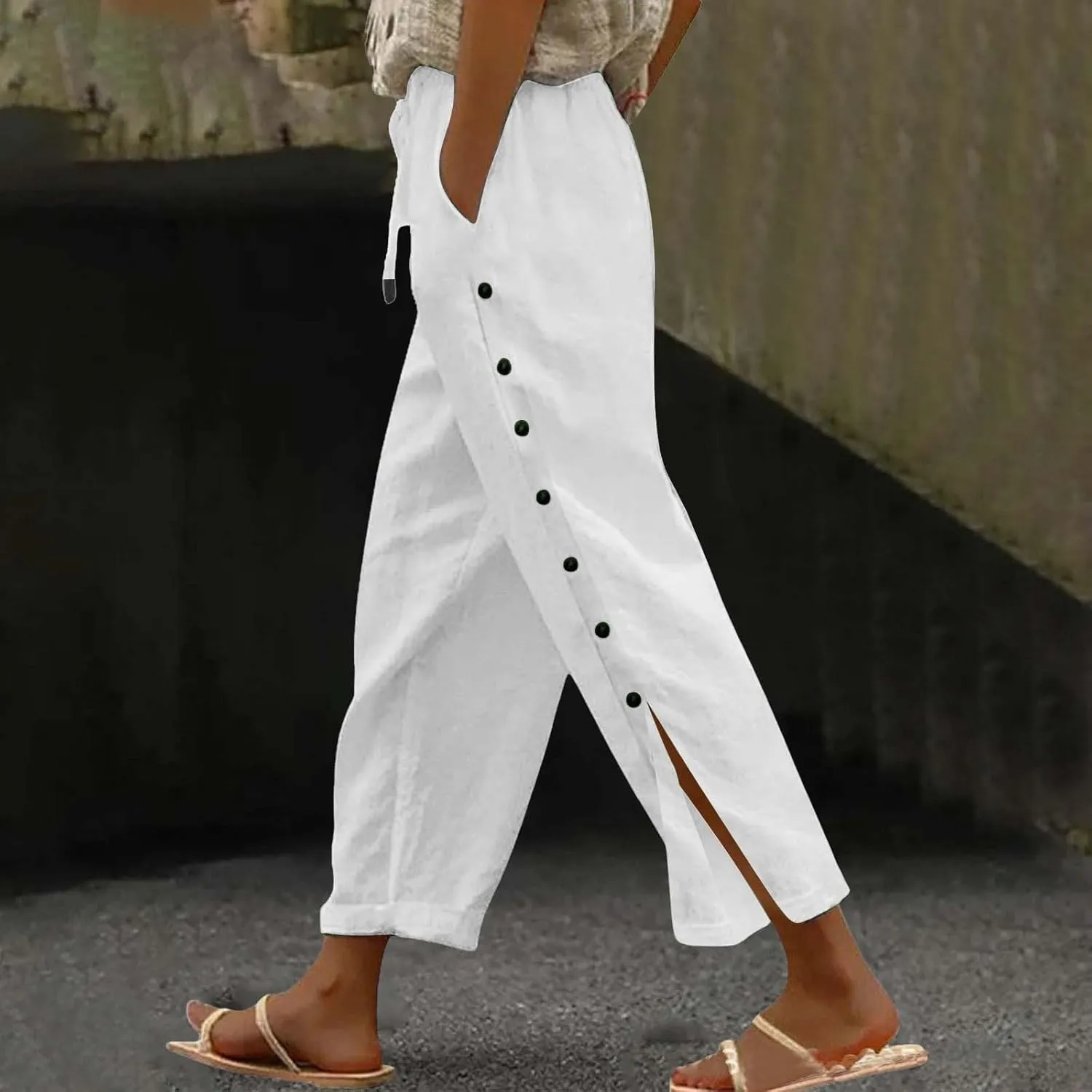 Women Summer Casual Linen Pants Striped Side Button Pants Baggy Elastic Waist Straight Leg Trousers with Pocket