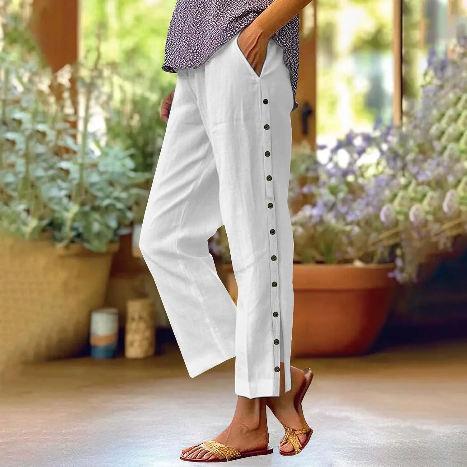 Women Summer Casual Linen Pants Striped Side Button Pants Baggy Elastic Waist Straight Leg Trousers with Pocket