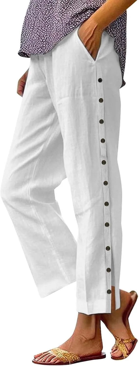 Women Summer Casual Linen Pants Striped Side Button Pants Baggy Elastic Waist Straight Leg Trousers with Pocket