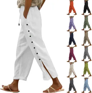 Women Summer Casual Linen Pants Striped Side Button Pants Baggy Elastic Waist Straight Leg Trousers with Pocket