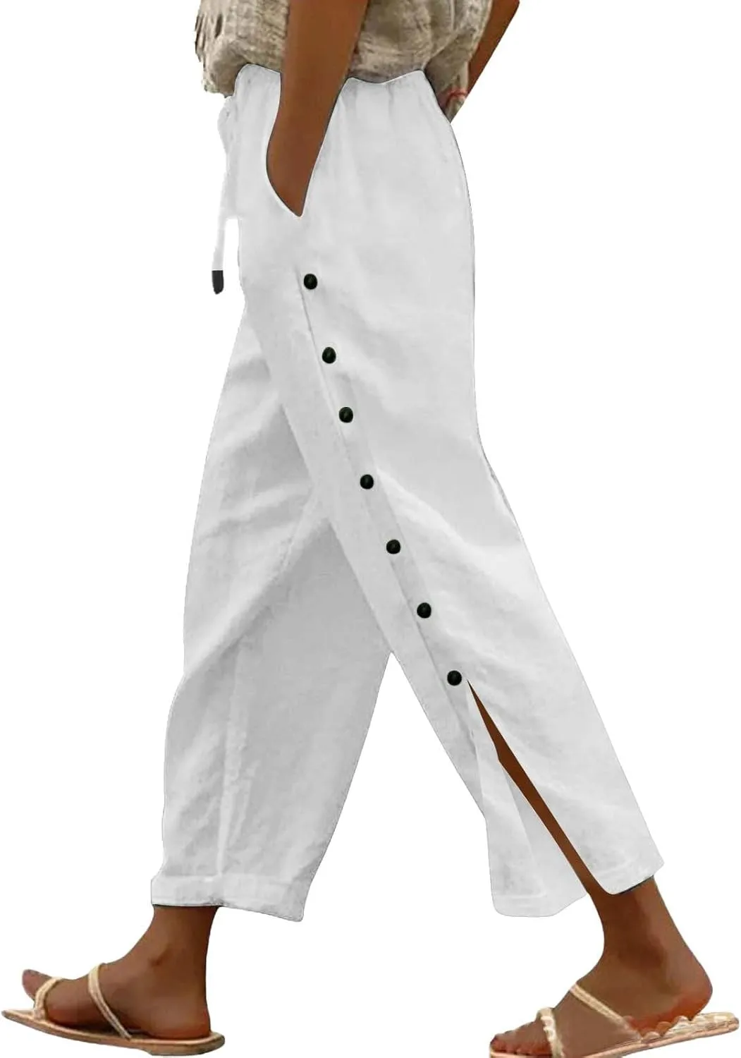 Women Summer Casual Linen Pants Striped Side Button Pants Baggy Elastic Waist Straight Leg Trousers with Pocket