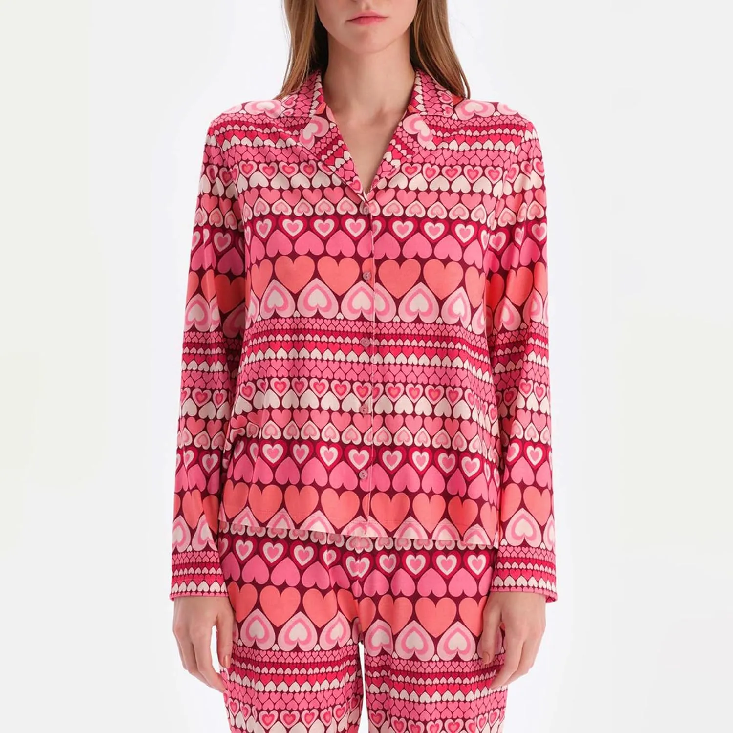 Women Valentine's Day Pajamas Lounge Set Heart Print Long Sleeve Tops and Pants 2 Piece Loungewear Outfits