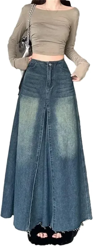Women Vintage Washing Denim Skirt High-Waisted Slim A-Line Long Skirts Patchwork Style