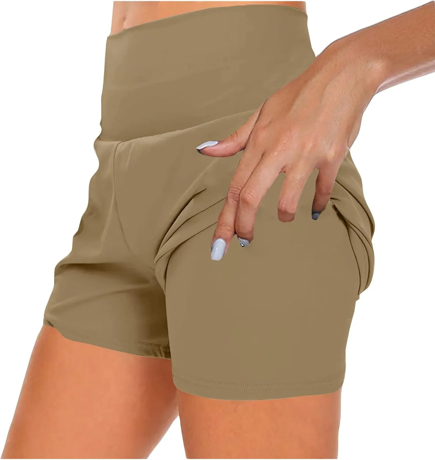 Women's 2 in 1 Lined Trendy Short Solid Color High Waisted Pant Loose Fit Stretch Trouser Elastic Comfy Shorts