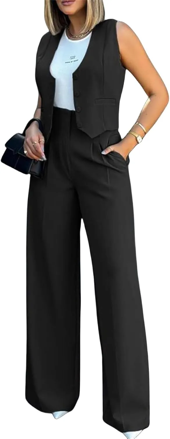 Women's 2 Piece Outfits V Neck Sleeveless Crop Vest Blazer and Wide Leg Pants Work Office Business Casual Suit Sets