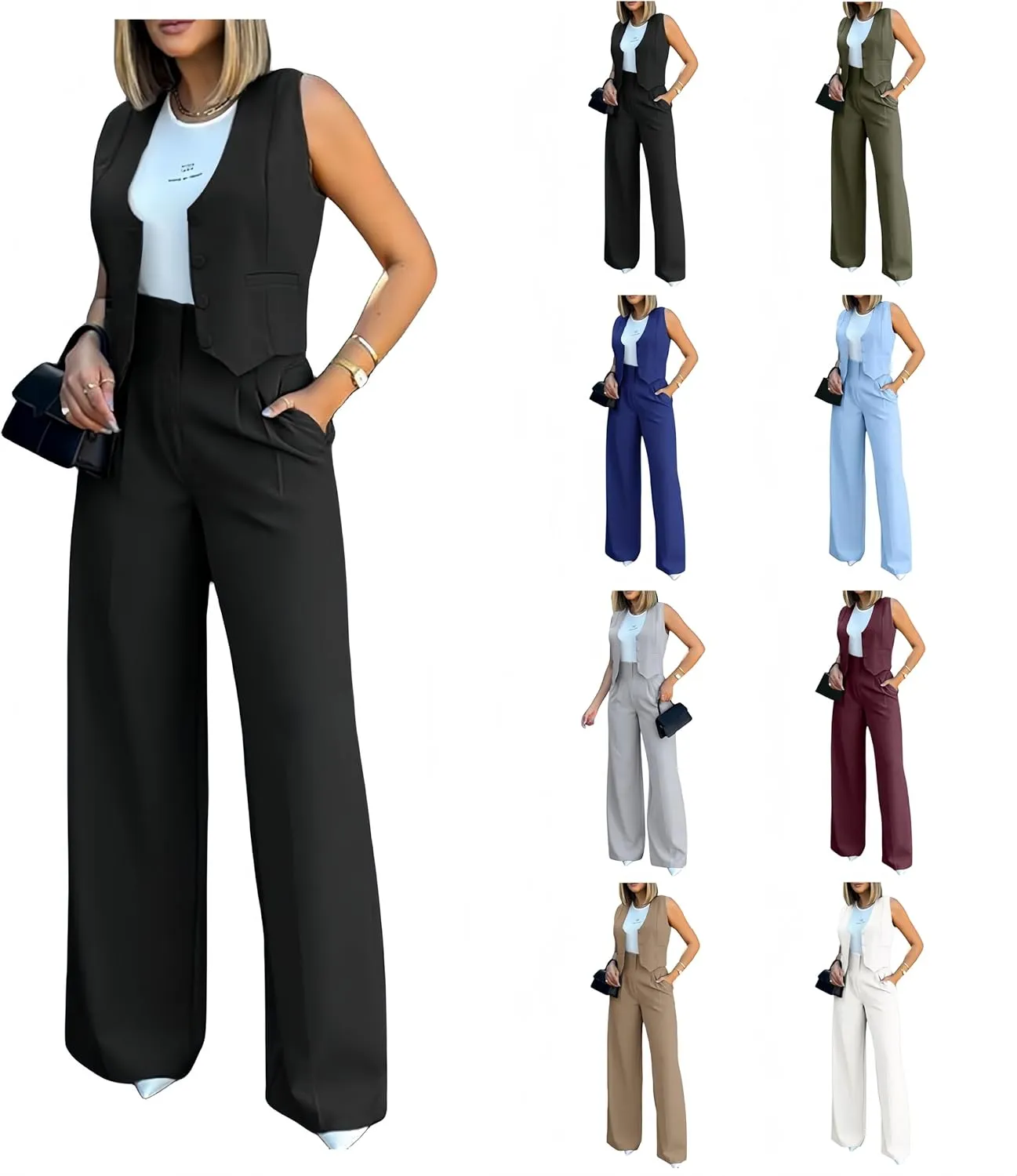 Women's 2 Piece Outfits V Neck Sleeveless Crop Vest Blazer and Wide Leg Pants Work Office Business Casual Suit Sets
