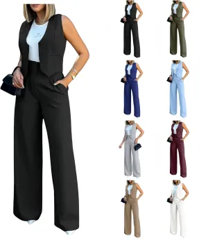 Women's 2 Piece Outfits V Neck Sleeveless Crop Vest Blazer and Wide Leg Pants Work Office Business Casual Suit Sets