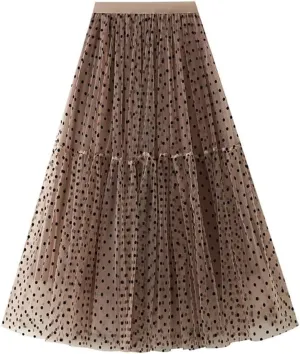 Women's A-Line Pleated Skirt Spring Summer Polka Dot Mesh Skirt Fluffy Skirt