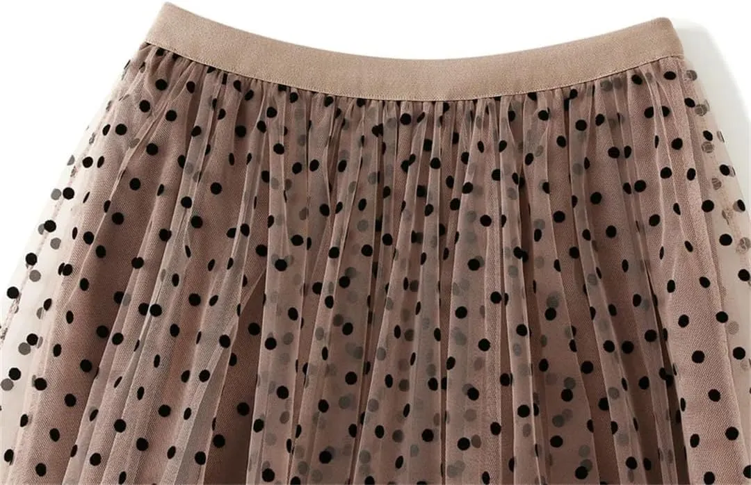 Women's A-Line Pleated Skirt Spring Summer Polka Dot Mesh Skirt Fluffy Skirt