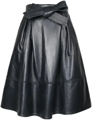 Womens Autumn Winter Leather Midi Skirt Loose High Waist Bow Belt Retro Red Pleated A-Line Skirt