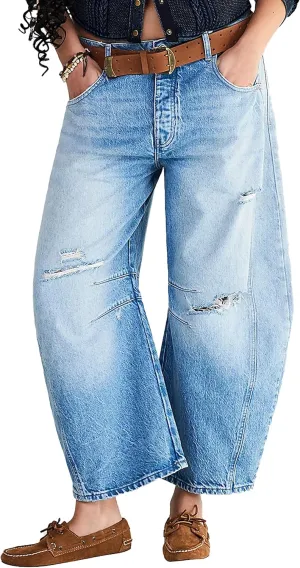 Women's Barrel Jeans Vintage Mid Rise Wide Leg Y2k Baggy Boyfriend Ankle Denim Pants