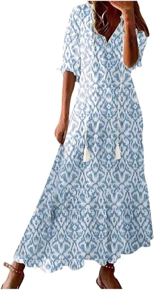 Womens Boho Flowy Maxi Dresses 2024 Summer V Neck Short Sleeve Bohemian Casual Beach Vacation Tropical Hawaiian Sundress