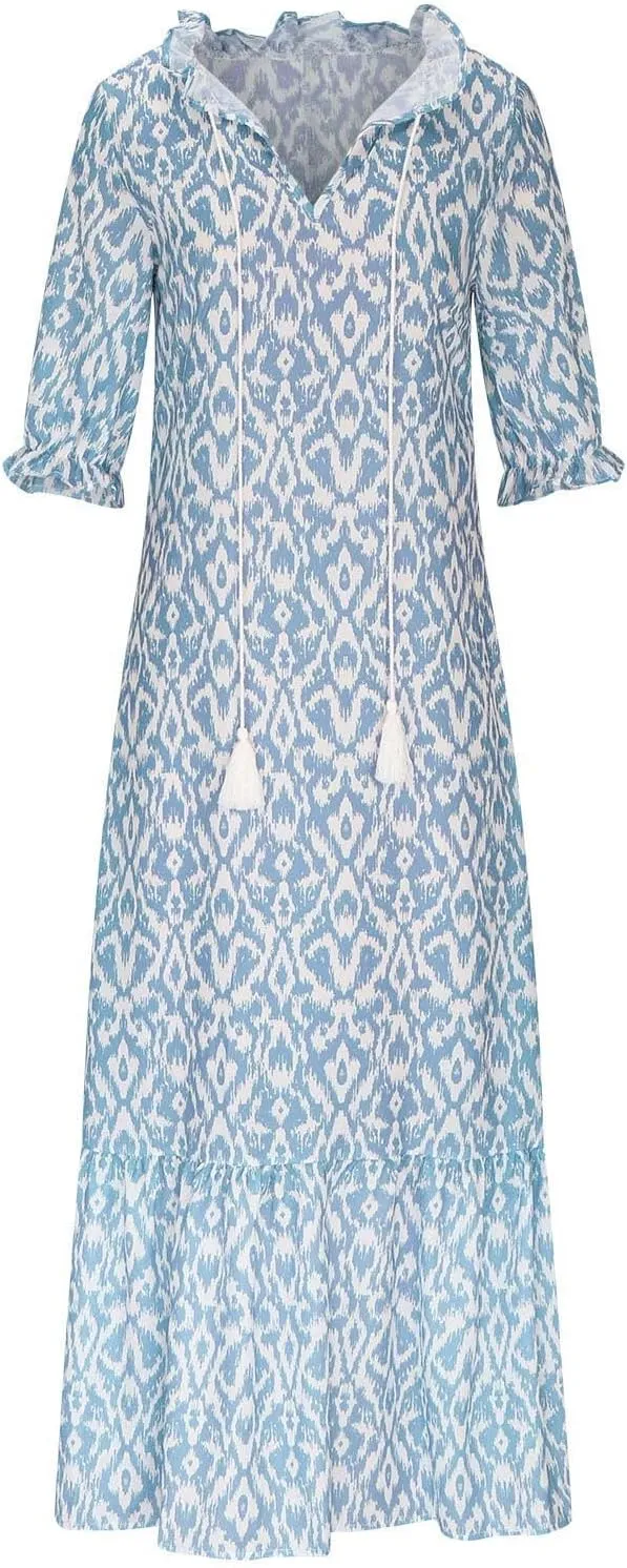 Womens Boho Flowy Maxi Dresses 2024 Summer V Neck Short Sleeve Bohemian Casual Beach Vacation Tropical Hawaiian Sundress