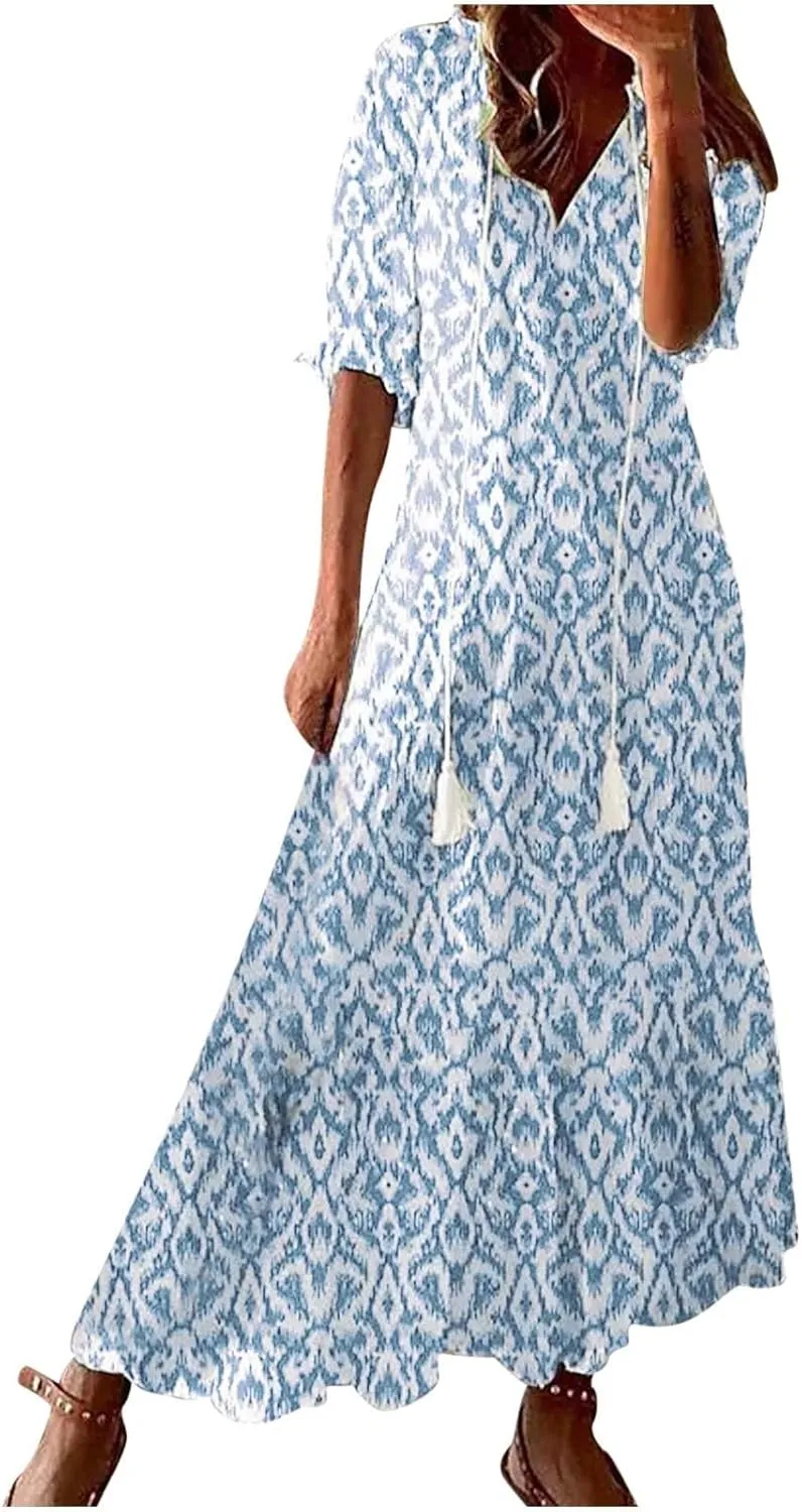 Womens Boho Flowy Maxi Dresses 2024 Summer V Neck Short Sleeve Bohemian Casual Beach Vacation Tropical Hawaiian Sundress