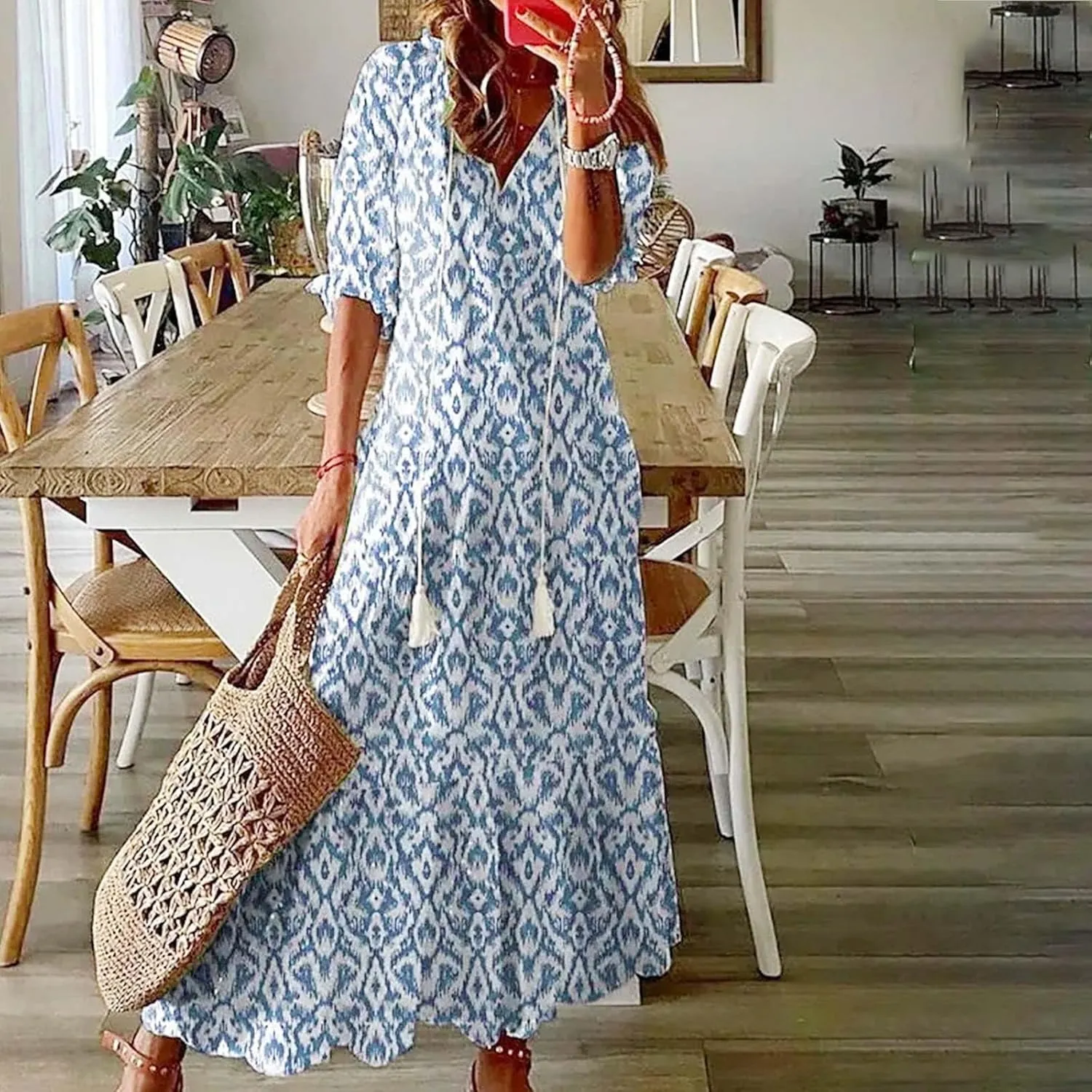Womens Boho Flowy Maxi Dresses 2024 Summer V Neck Short Sleeve Bohemian Casual Beach Vacation Tropical Hawaiian Sundress