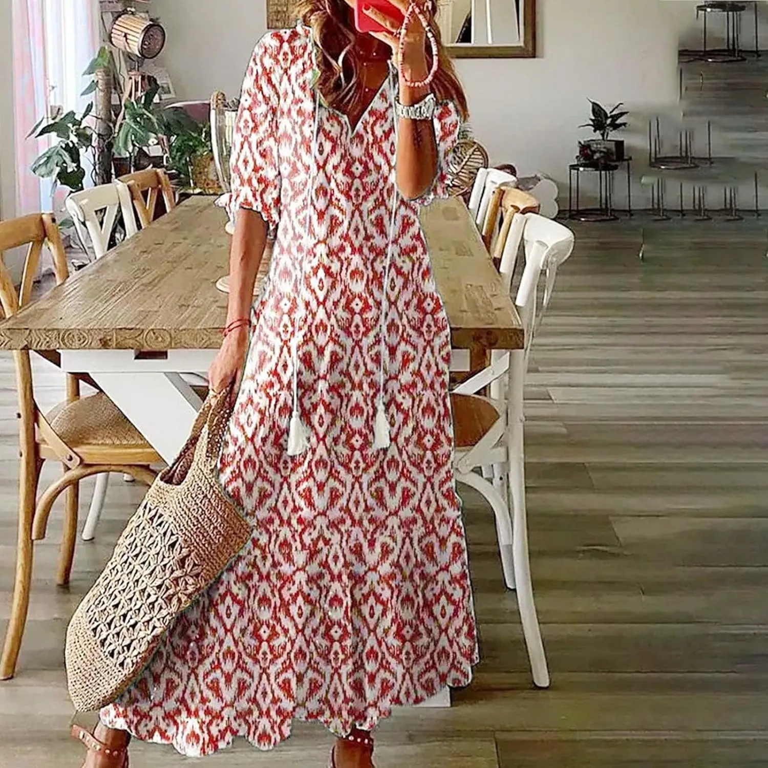 Womens Boho Flowy Maxi Dresses 2024 Summer V Neck Short Sleeve Bohemian Casual Beach Vacation Tropical Hawaiian Sundress