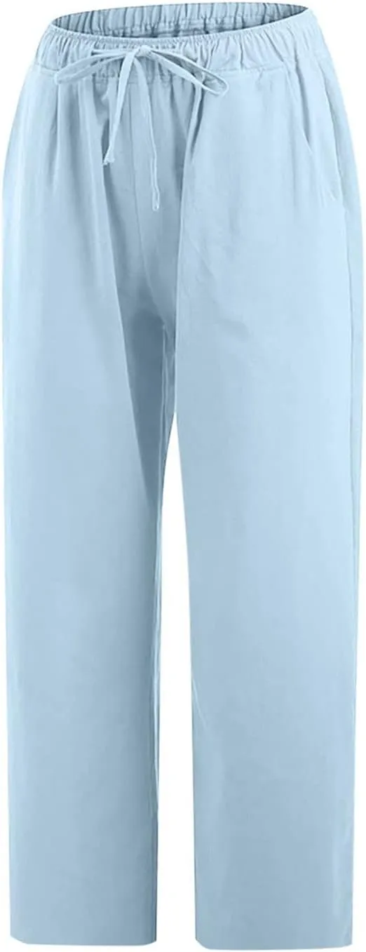 Womens Capri Pants Casual Cotton Linen Pants Plus Size Summer Pants Wide Leg Pants Drawstring Elastic Waist Pants