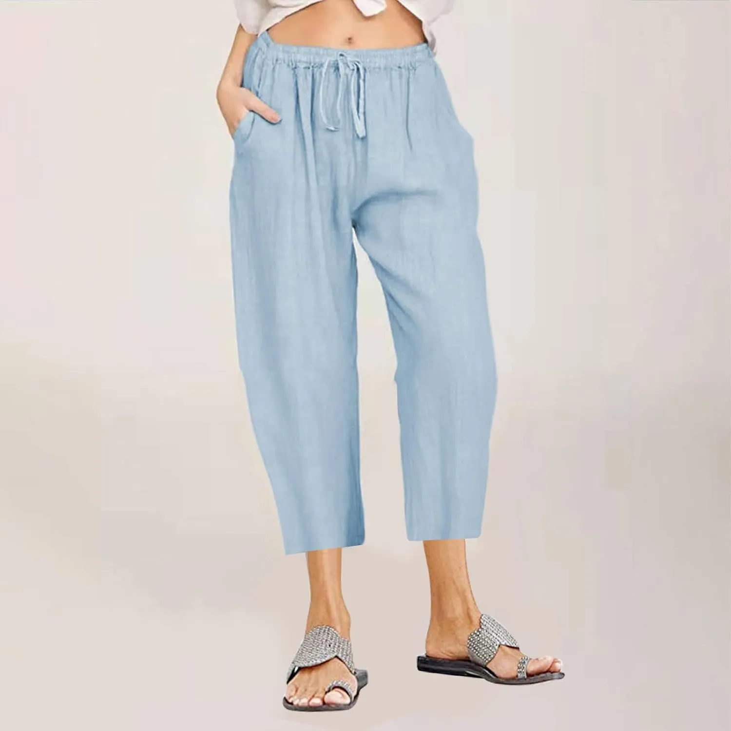 Womens Capri Pants Casual Cotton Linen Pants Plus Size Summer Pants Wide Leg Pants Drawstring Elastic Waist Pants