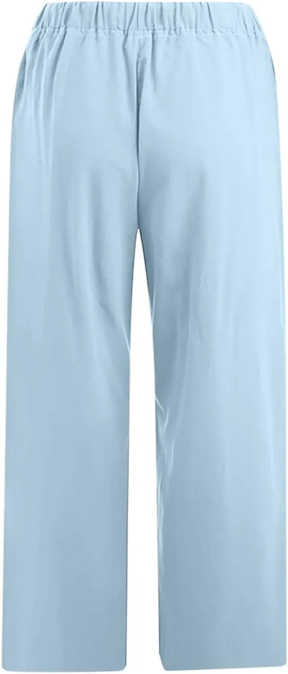 Womens Capri Pants Casual Cotton Linen Pants Plus Size Summer Pants Wide Leg Pants Drawstring Elastic Waist Pants
