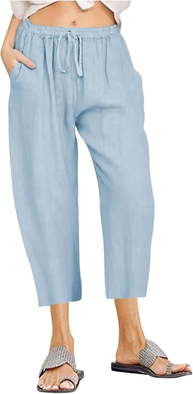 Womens Capri Pants Casual Cotton Linen Pants Plus Size Summer Pants Wide Leg Pants Drawstring Elastic Waist Pants